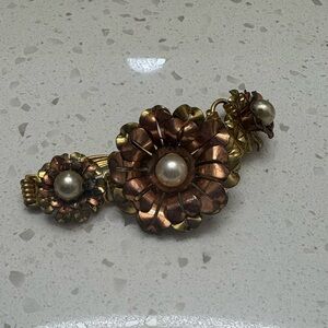 Steampunk Vintage Floral Gold and Bronze Bracelet with Pearls